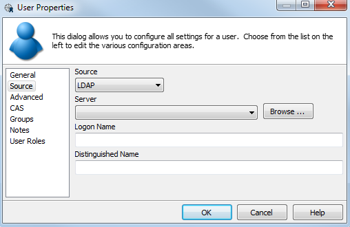 Source screen of the User Properties dialog with LDAP selected as the source